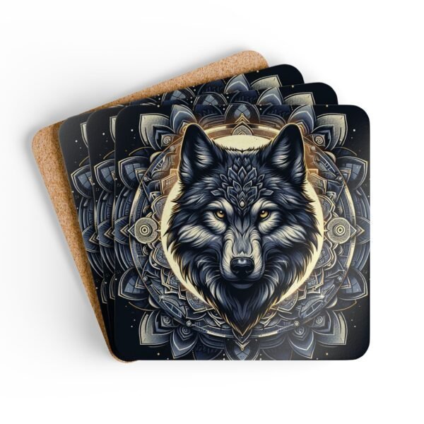 Wolf face with a mandala style background coaster set stacked on a table.
