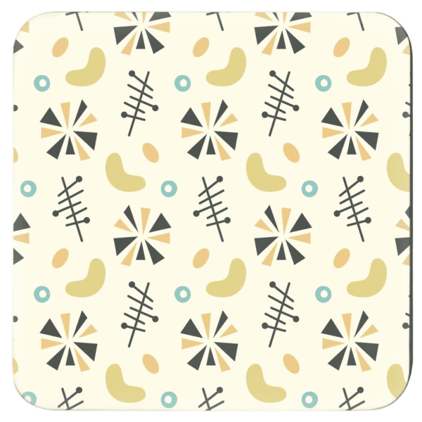 Square coaster with a mid century modern design in pale yellow, goldenrod, aqua pale orange and grey.
