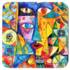 Square coaster with a colorful abstract design printed on.