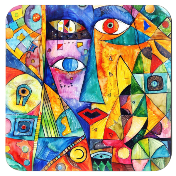 Square coaster with a colorful abstract design printed on.