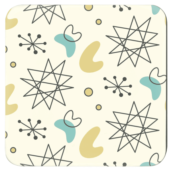 Square coaster with a mid century modern design in pale yellow, goldenrod, aqua pale orange and grey.