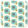 Square coaster with a mid century modern design in pale yellow, goldenrod, aqua pale orange and grey.