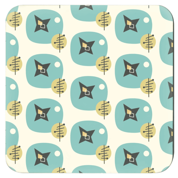 Square coaster with a mid century modern design in pale yellow, goldenrod, aqua pale orange and grey.