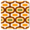 Square coaster with mid century modern oval design in tan, brown, orange and olive green.