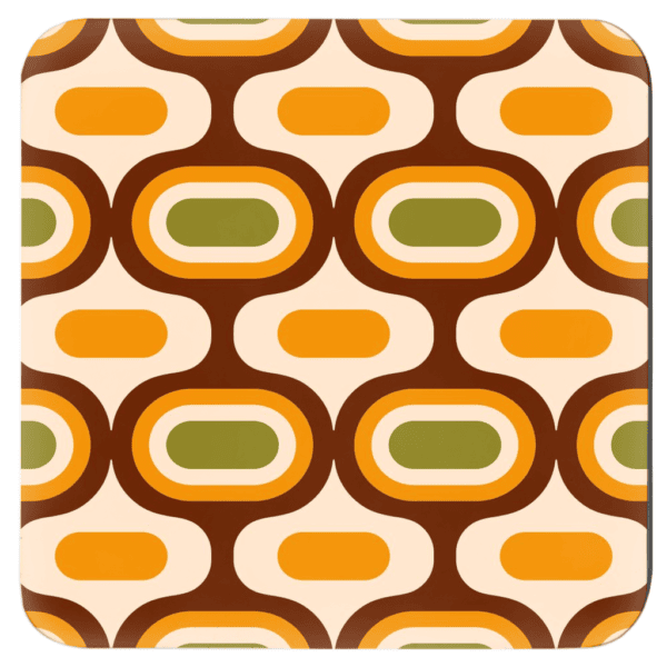 Square coaster with mid century modern oval design in tan, brown, orange and olive green.