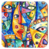 Square coaster with a colorful abstract design printed on.