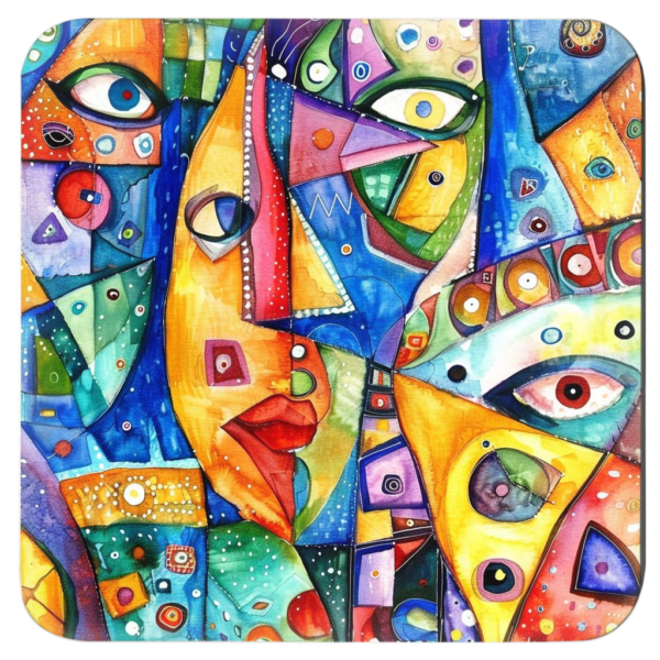 Square coaster with a colorful abstract design printed on.