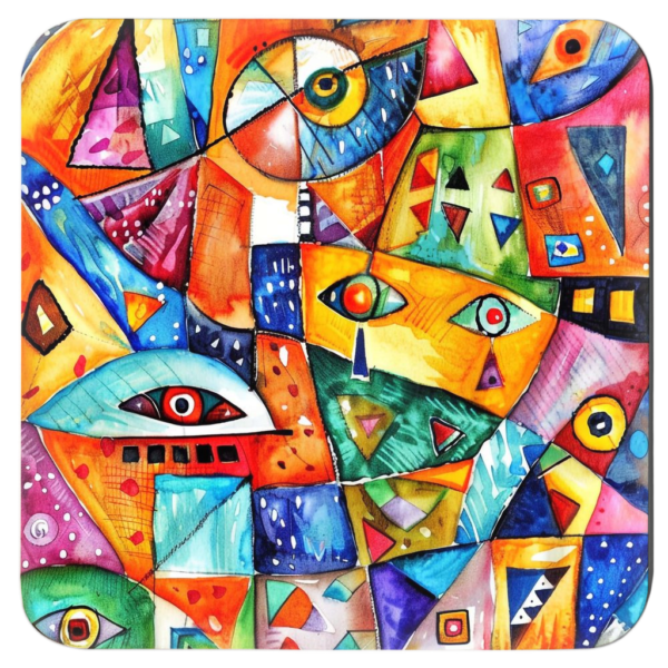 Square coaster with a colorful abstract design printed on.