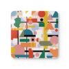 Square coaster with a multicolor mid century shapes design printed on it.