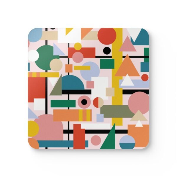 Square coaster with a multicolor mid century shapes design printed on it.