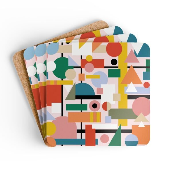 Square coaster with a multicolor mid century shapes design printed on it. Shown on a table.