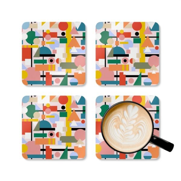 Square coaster with a multicolor mid century shapes design printed on it. Shown with a mug for scale.