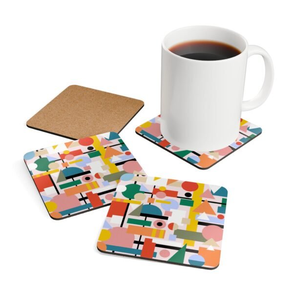 Square coaster with a multicolor mid century shapes design printed on it. Shown with a mug for scale.