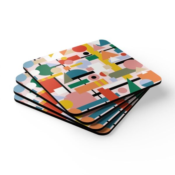 Square coaster with a multicolor mid century shapes design printed on it. Shown on a table.