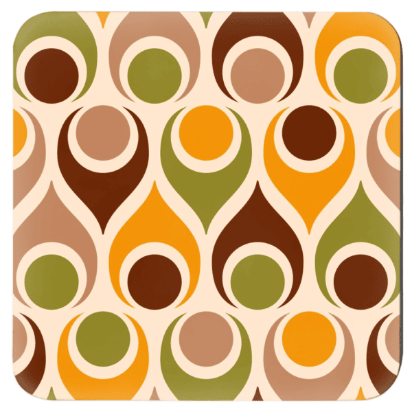 Square coaster with mid century modern circle design in tan, brown, orange and olive green.