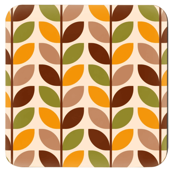 Square coaster with mid century modern leaf design in tan, brown, orange and olive green.
