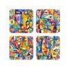 Set of four coordinating coasters each with a slightly different colorful abstract design printed on them.