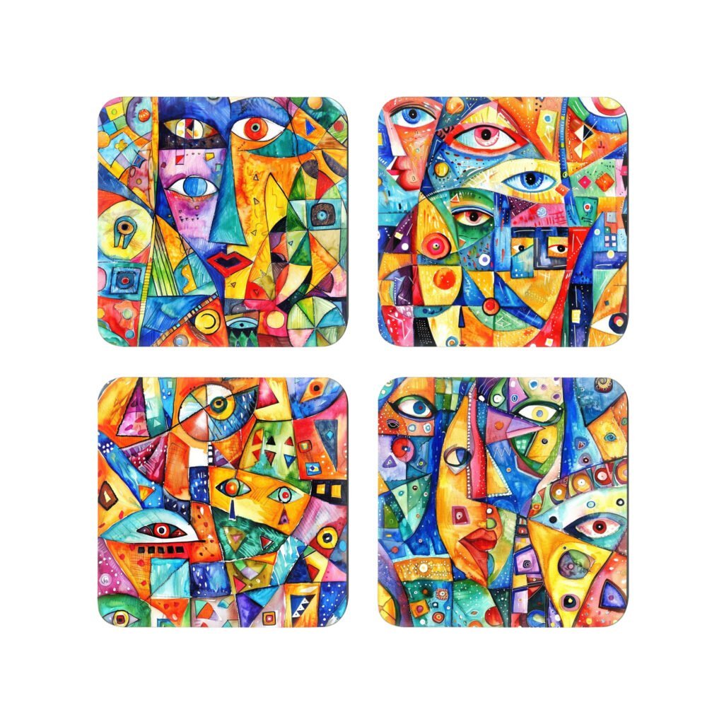 Set of four coordinating coasters each with a slightly different colorful abstract design printed on them.