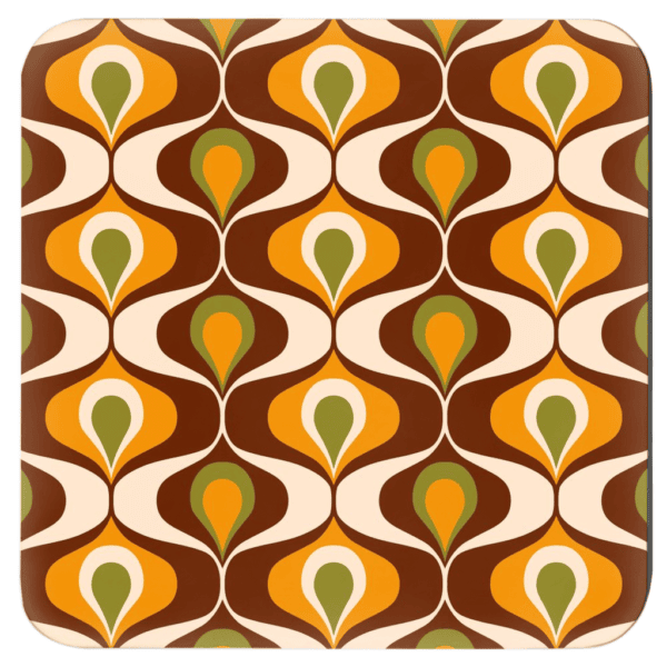 Square coaster with mid century modern shape design in tan, brown, orange and olive green.