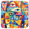 Square coaster with a colorful abstract design printed on.