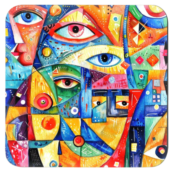 Square coaster with a colorful abstract design printed on.