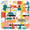 Square coaster with a multicolor mid century shapes design printed on it.