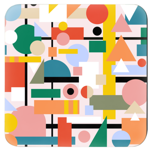 Square coaster with a multicolor mid century shapes design printed on it.
