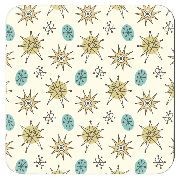Square coaster with a mid century modern design in pale yellow, goldenrod, aqua pale orange and grey.