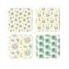 Set of 4 square coasters with a mid century modern designs in pale yellow, goldenrod, aqua pale orange and grey.