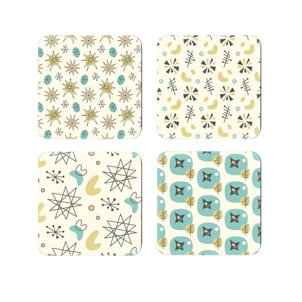 Set of 4 square coasters with a mid century modern designs in pale yellow, goldenrod, aqua pale orange and grey.
