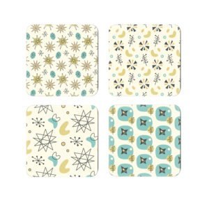 Set of 4 square coasters with a mid century modern designs in pale yellow, goldenrod, aqua pale orange and grey.