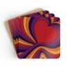 Set of four square coaster with an image of a retro style heart. Shown stacked on a table,