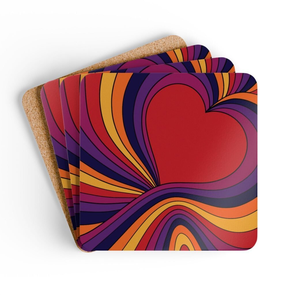 Set of four square coaster with an image of a retro style heart. Shown stacked on a table,