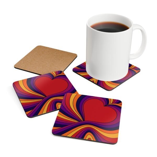 Set of four square coaster with an image of a retro style heart. Shown with a mug for scale.