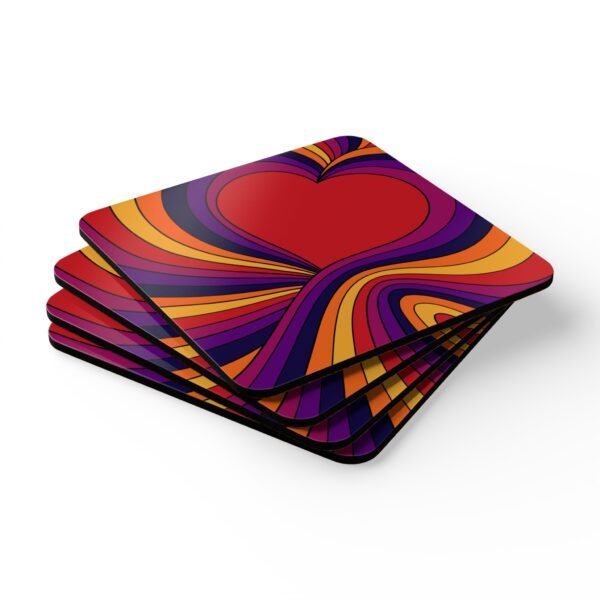Set of four square coaster with an image of a retro style heart. Shown stacked on a table.
