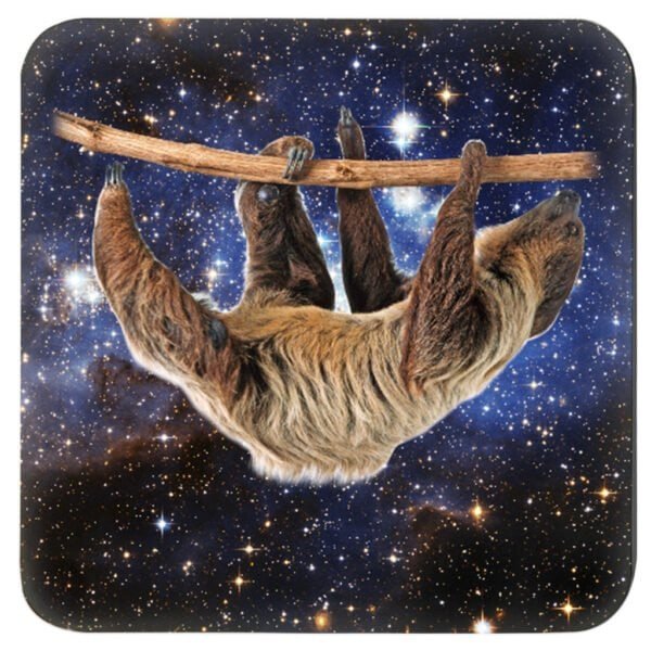 Square coaster with an image of a sloth in space.