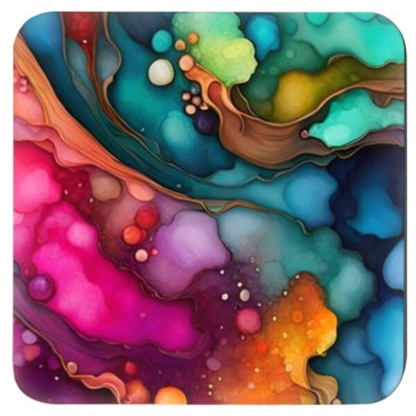 Square coaster with bright jewel tone color abstract watercolor print.
