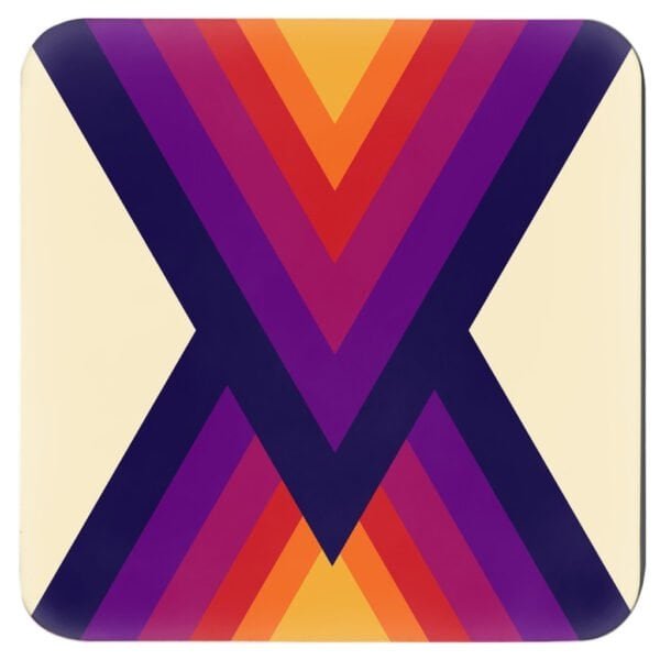 Square coaster with retro rainbow color triangles on the corner.