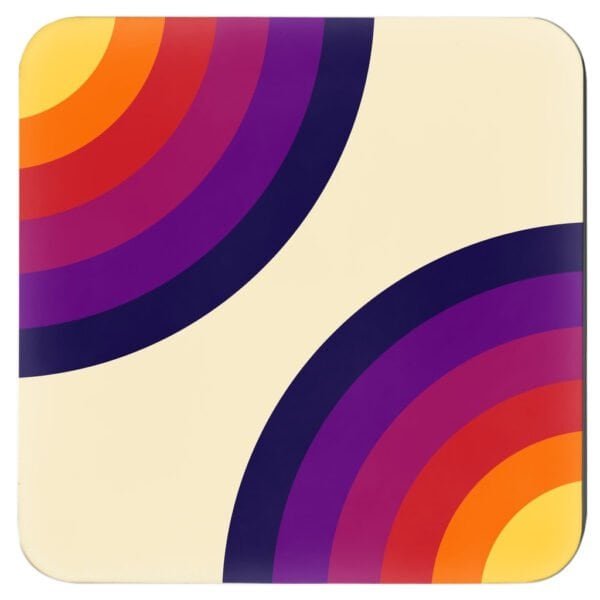 Square coaster with retro rainbow color arcs on the corner.