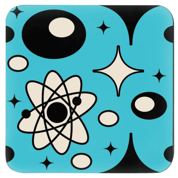 A square coaster with an aqua background featuring black mid‑century atomic shapes. The design includes curved boomerang‑style forms and small cream‑colored open spaces within the shapes.