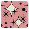 A square coaster with a dusty rose background decorated with black mid‑century atomic shapes. The design has angled geometric elements with cream‑colored open spaces inside some of the shapes.