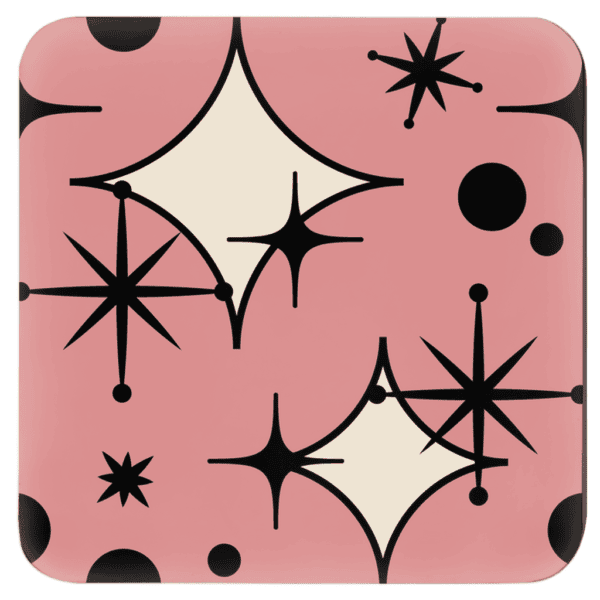 A square coaster with a dusty rose background decorated with black mid‑century atomic shapes. The design has angled geometric elements with cream‑colored open spaces inside some of the shapes.