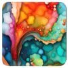 Square coaster with bright jewel tone color abstract watercolor print.