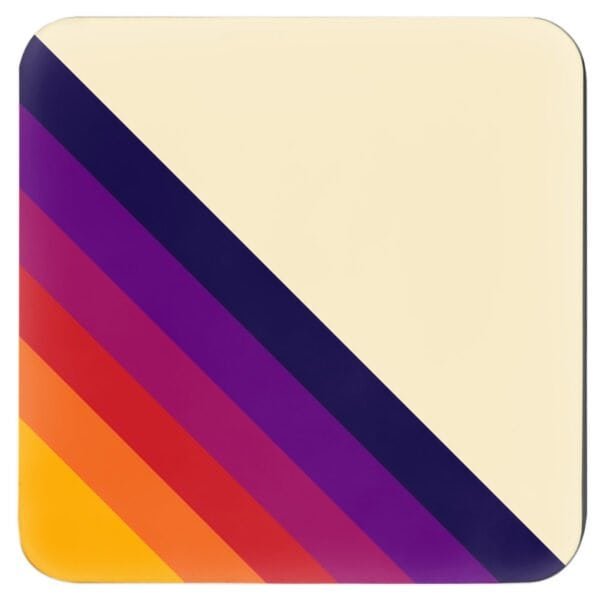 Square coaster with retro rainbow color stripes on the corner.