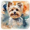 Square coaster with a watercolor style image of a Yorkie dog printed on it.