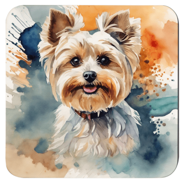 Square coaster with a watercolor style image of a Yorkie dog printed on it.