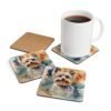 Set of four square coasters with a watercolor style image of a Yorkie dog printed on them. Shown with a mug for scale.