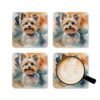 Set of four square coasters with a watercolor style image of a Yorkie dog printed on them. Shown with a mug for scale.