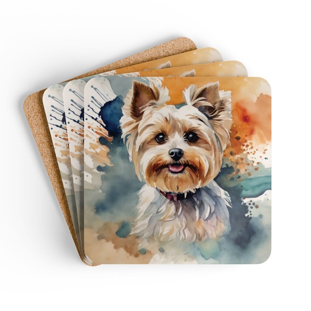 Set of four square coasters with a watercolor style image of a Yorkie dog printed on them. Shown stacked on a table.