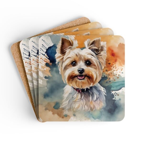 Set of four square coasters with a watercolor style image of a Yorkie dog printed on them. Shown stacked on a table.